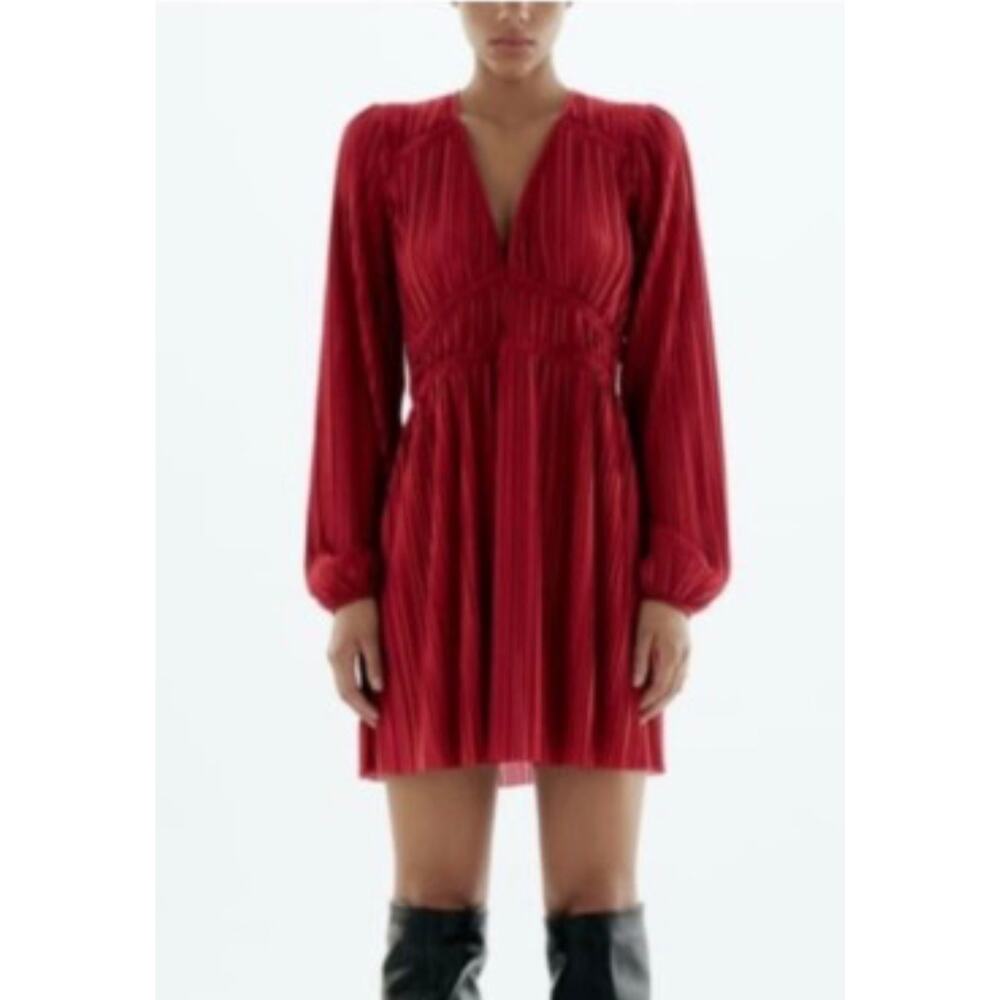 Zara Pleated Satin Dress Red Size Medium 1131/850/600 Blogger‎ Favorite